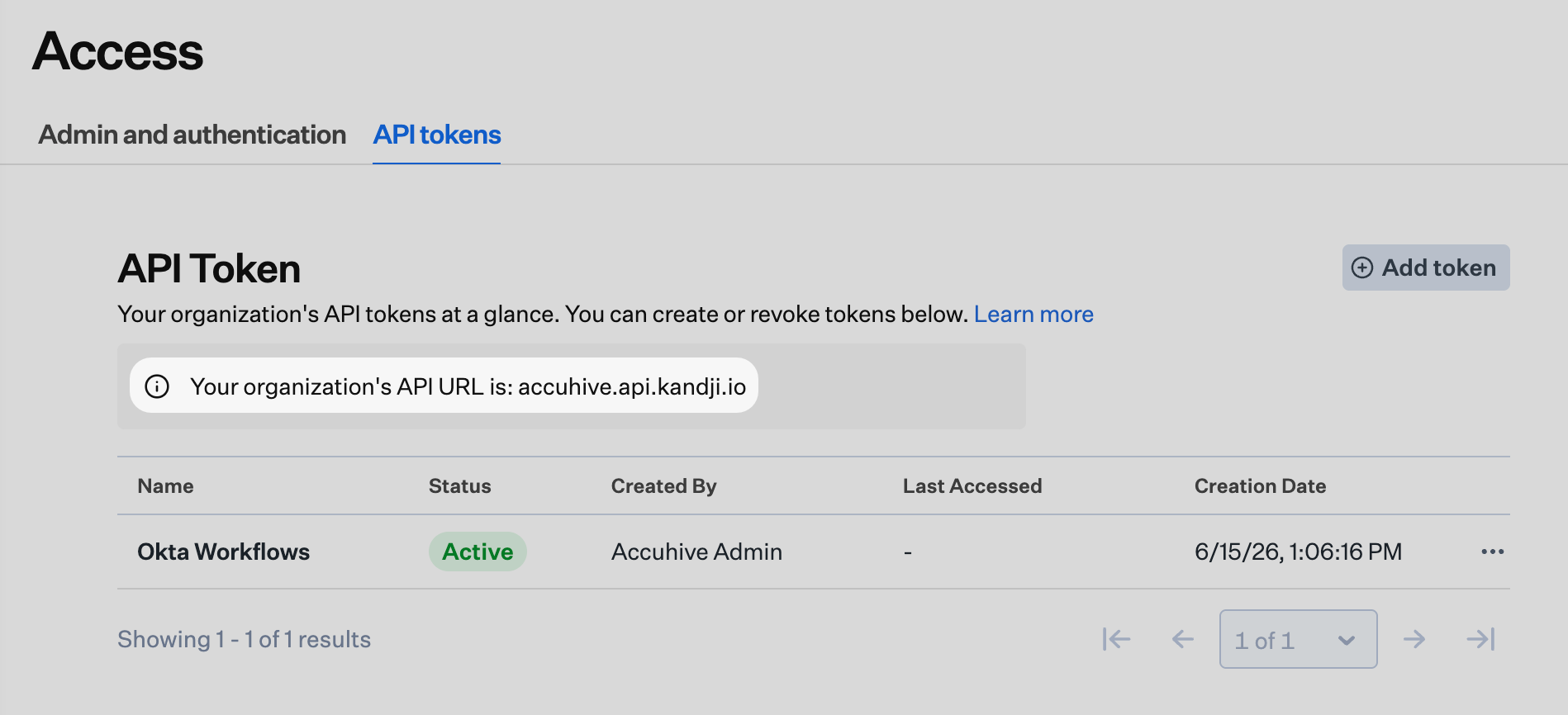 Iru Endpoint API URL field showing the organization's API URL that needs to be copied for the Okta Workflows connection