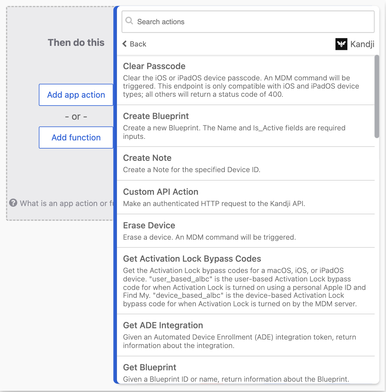 Okta Workflows connector card selection interface showing available Iru Endpoint action cards that can be selected for the workflow