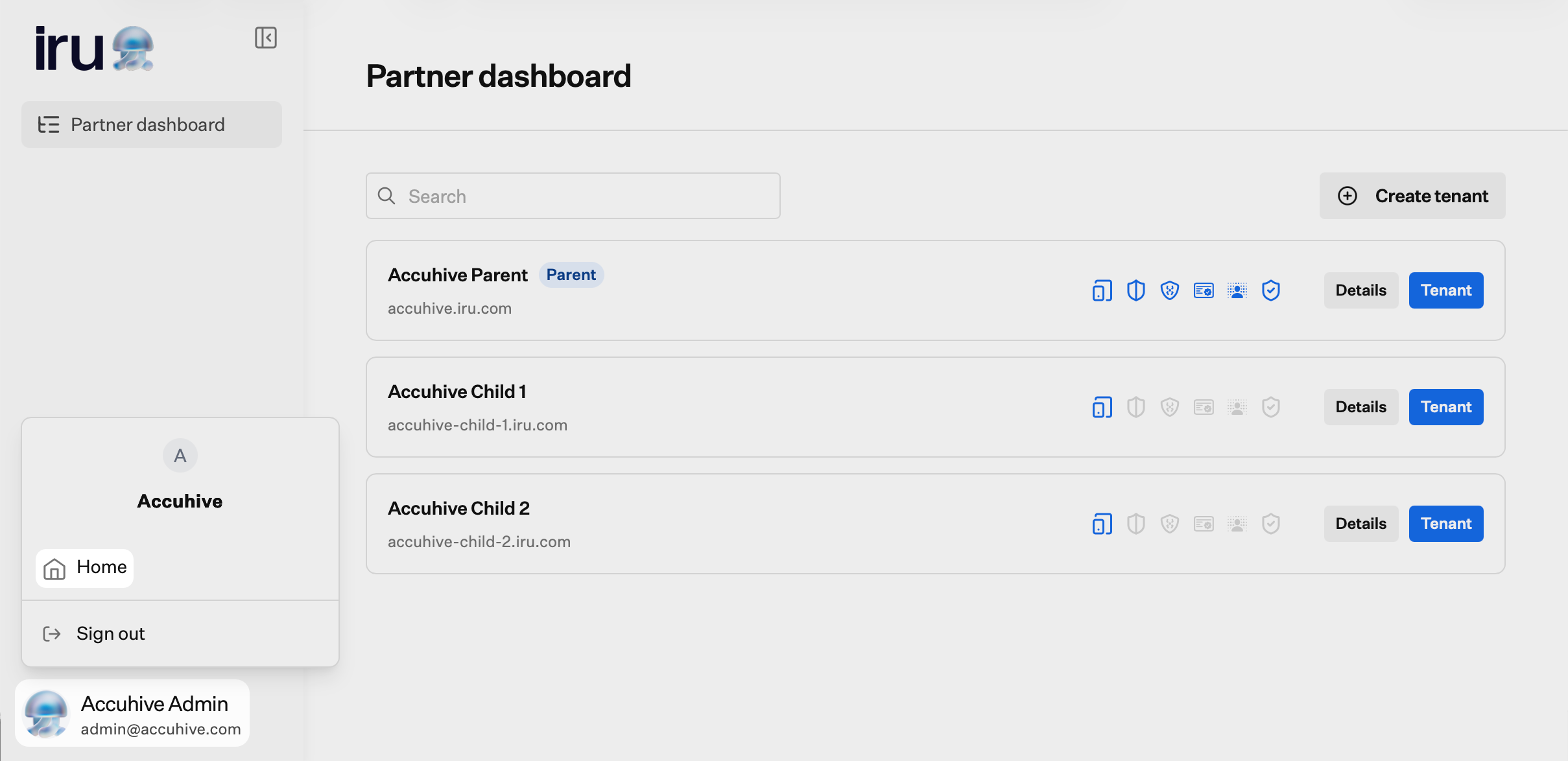 Account Menu open in the Partner portal showing Home and Sign out