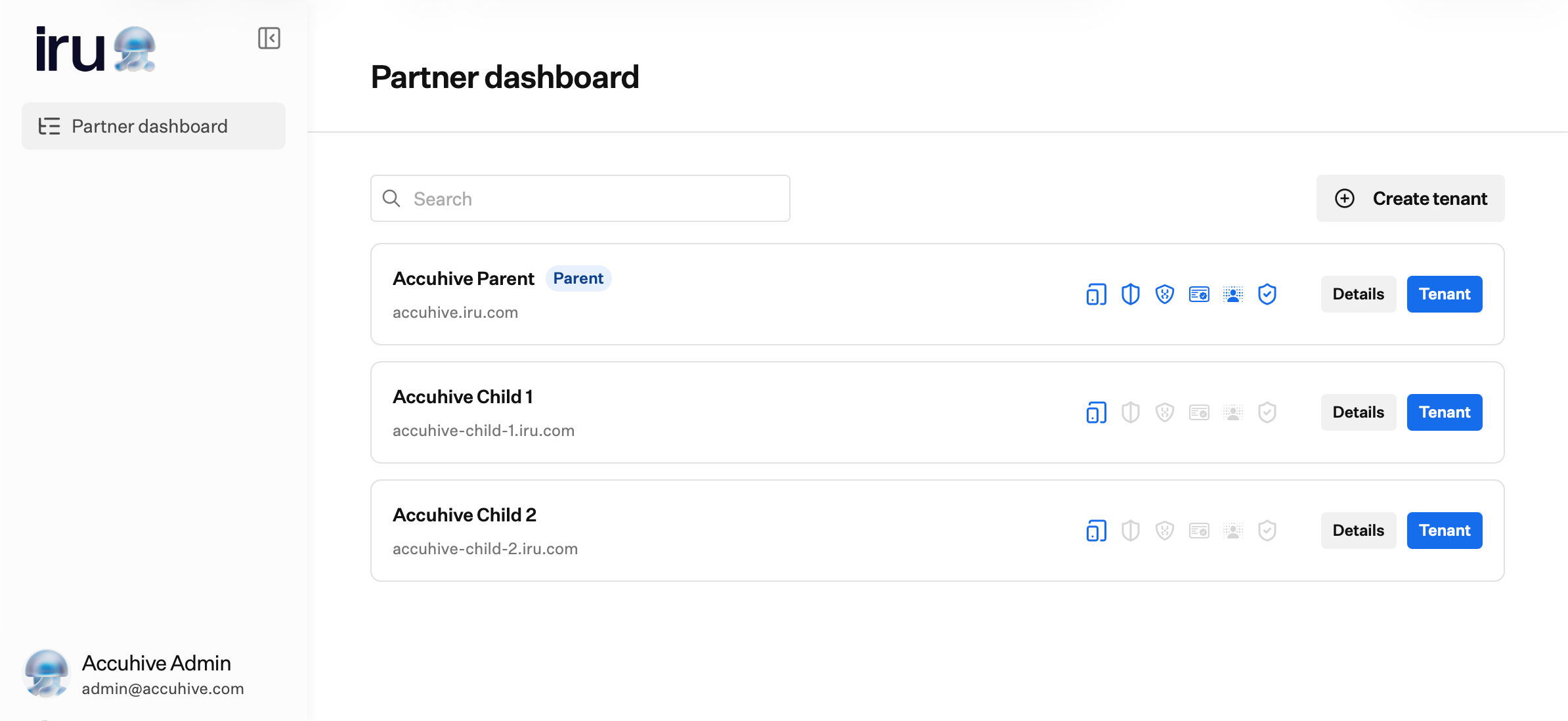 Partner dashboard listing parent and child tenants with Search and Create tenant