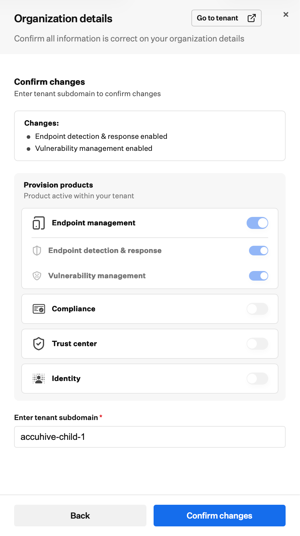 Confirm changes dialog with product change summary and Enter tenant subdomain field