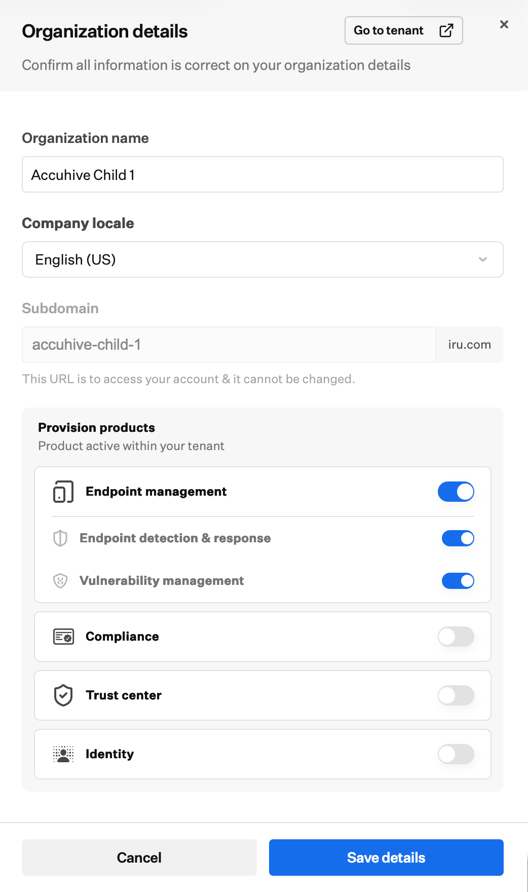 Organization details drawer with organization name, company locale, subdomain, and provision product toggles