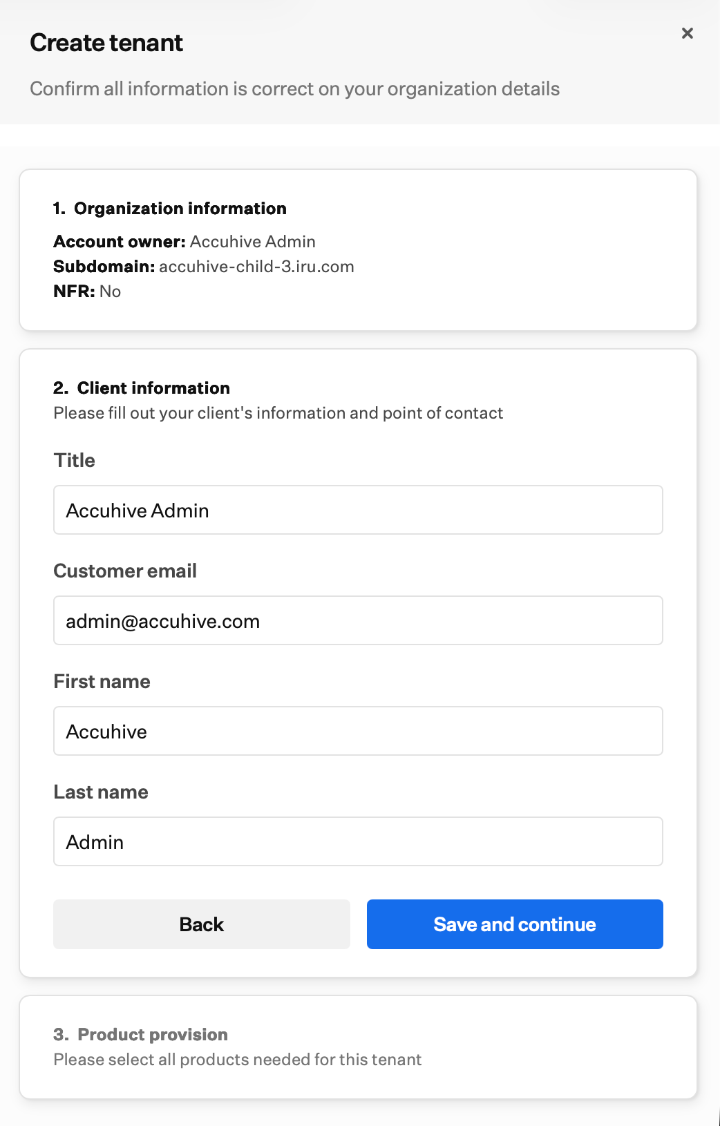 Create tenant dialog on Client information with title, customer email, first name, and last name fields