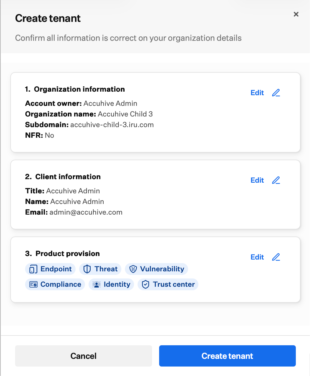 Create tenant confirmation summary with organization information, client information, product provision, and Create tenant button