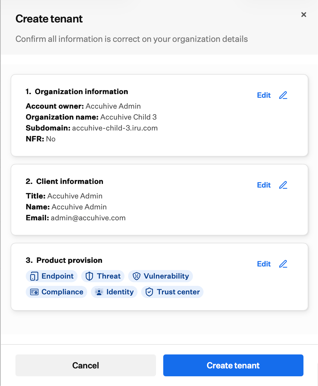 Create tenant confirmation summary with organization information, client information, product provision, and Create tenant button