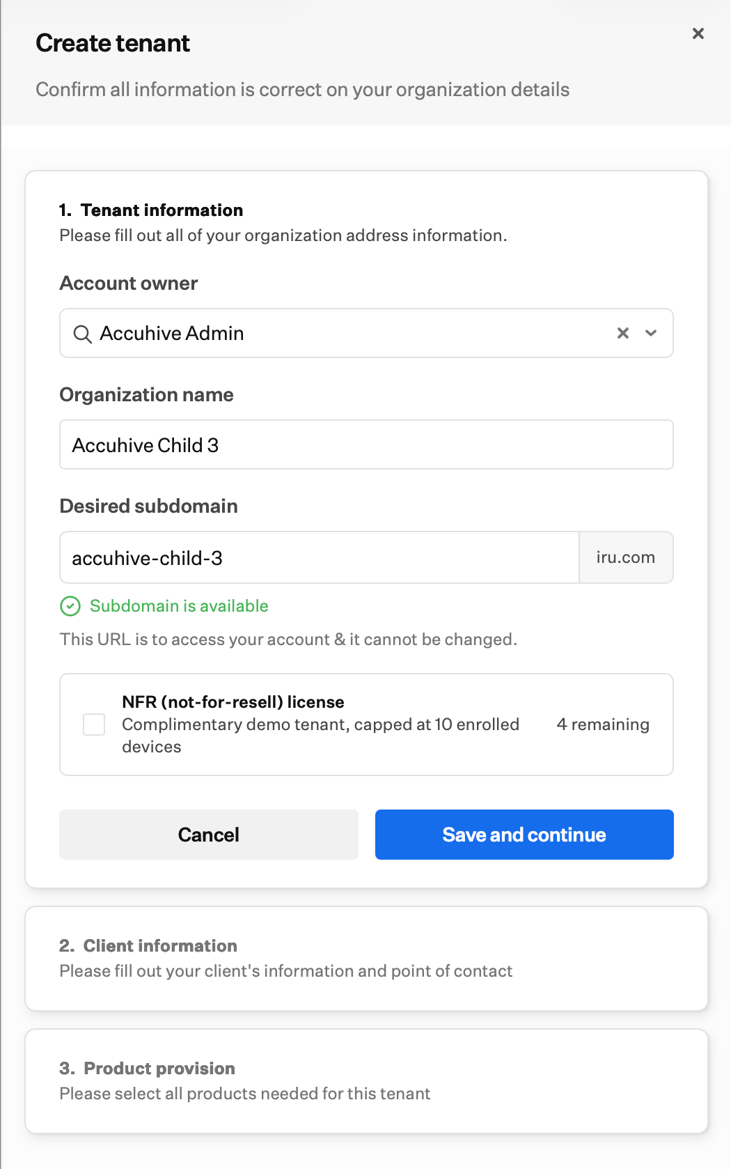 Create tenant dialog on Tenant information with account owner, organization name, desired subdomain, and NFR license option