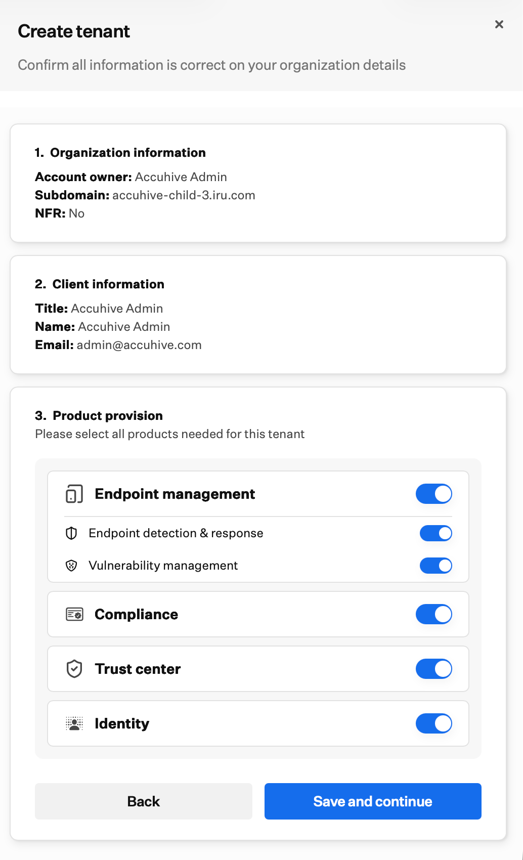 Create tenant dialog on Product provision with product toggles enabled