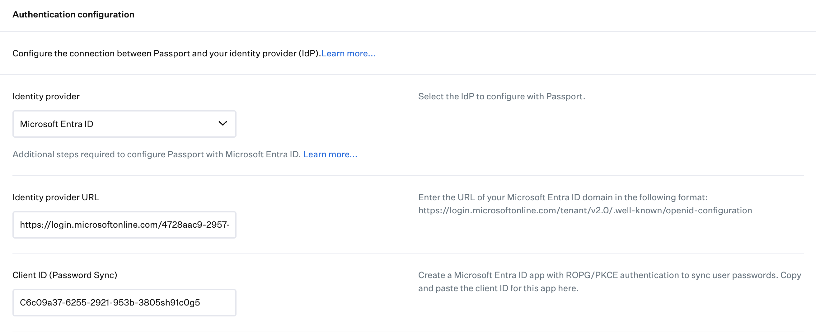 Passport configuration interface showing Identity Provider URL and Client ID (Password Sync) fields