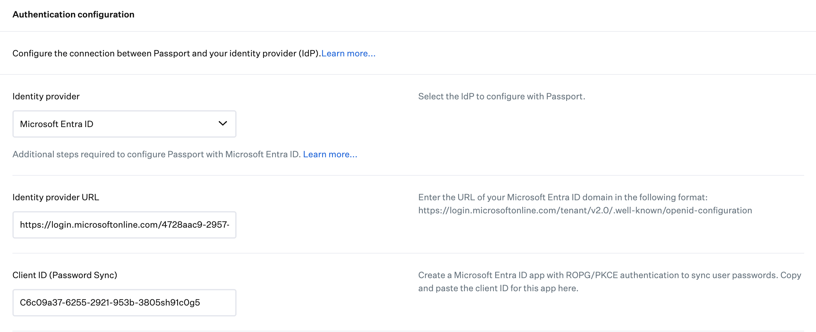 Passport configuration interface showing Identity Provider URL and Client ID (Password Sync) fields