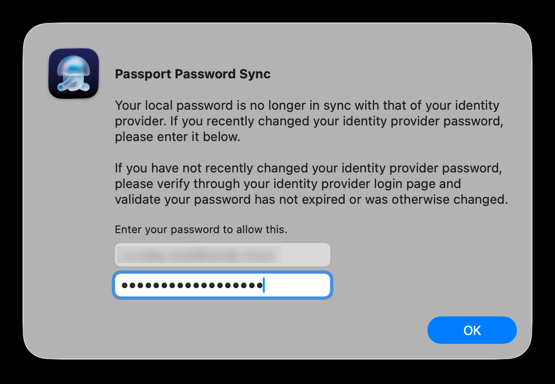 Passport prompt to update the Mac password so it matches the work or school password
