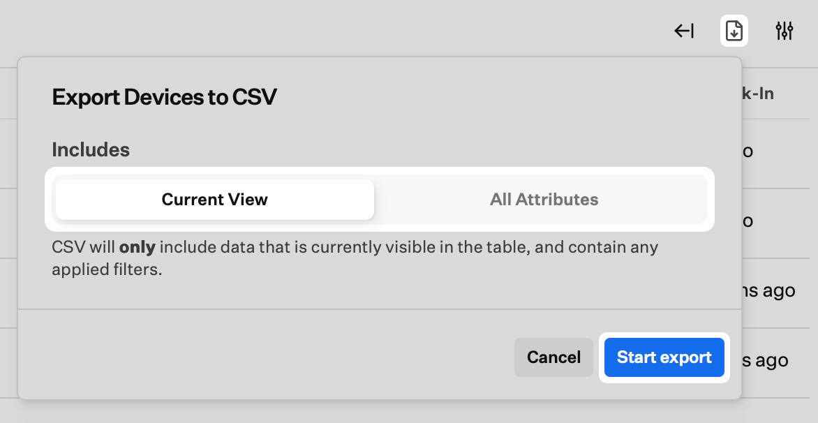 Prism Export CSV dialog with Current View and All Attributes options