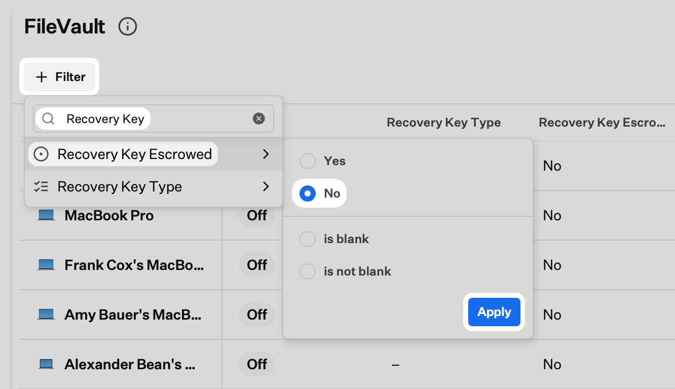 Prism Add Filter workflow showing search, Recovery Key Escrowed filter, status options, and Apply