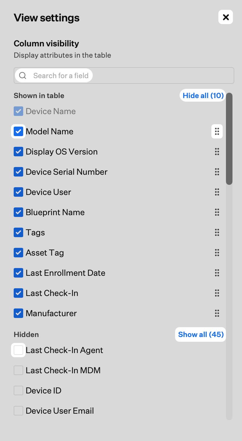 Prism View settings panel for searching, showing, and hiding table columns