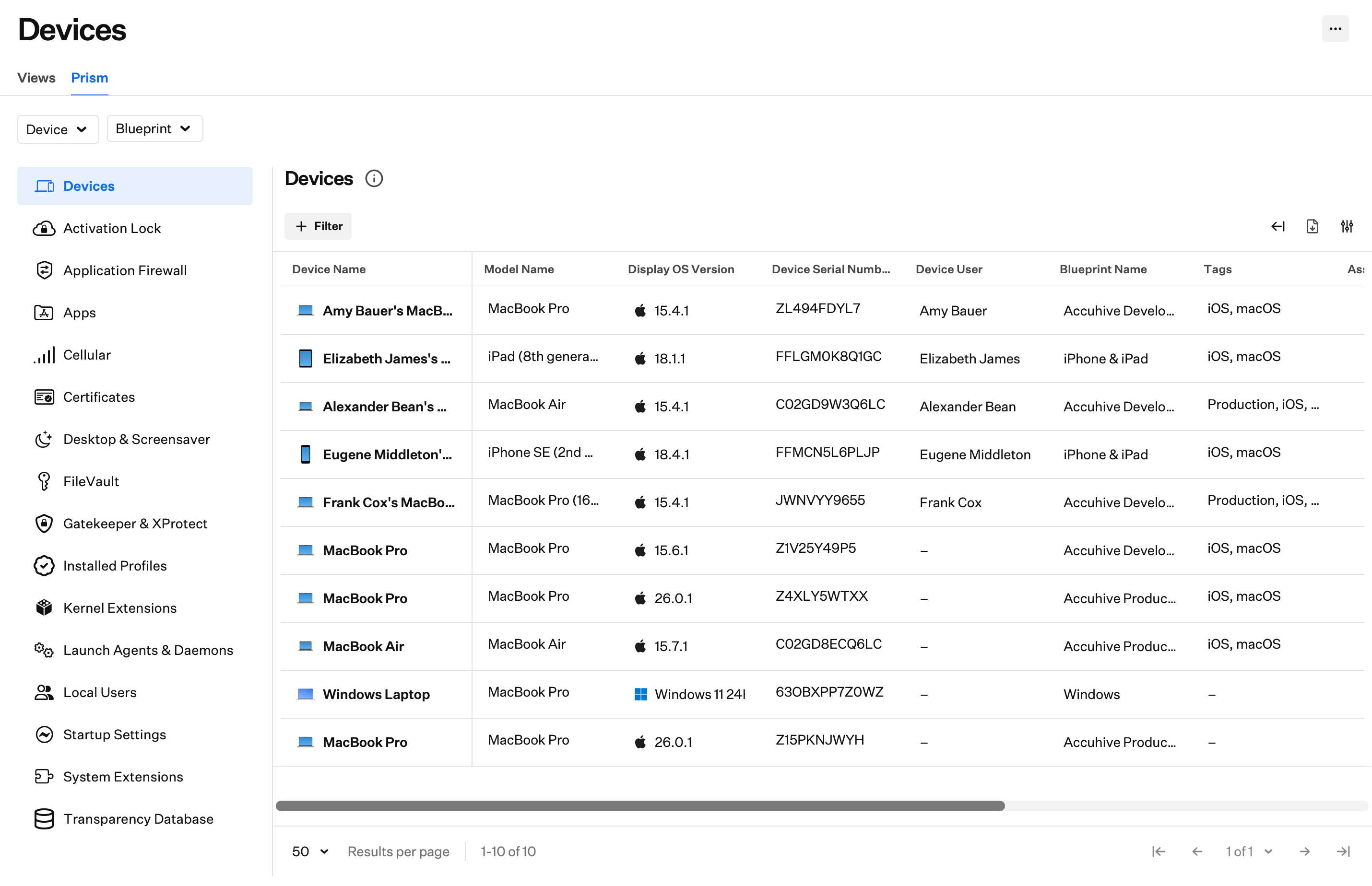 Prism Devices category view with sidebar categories, filters, columns, and CSV export controls