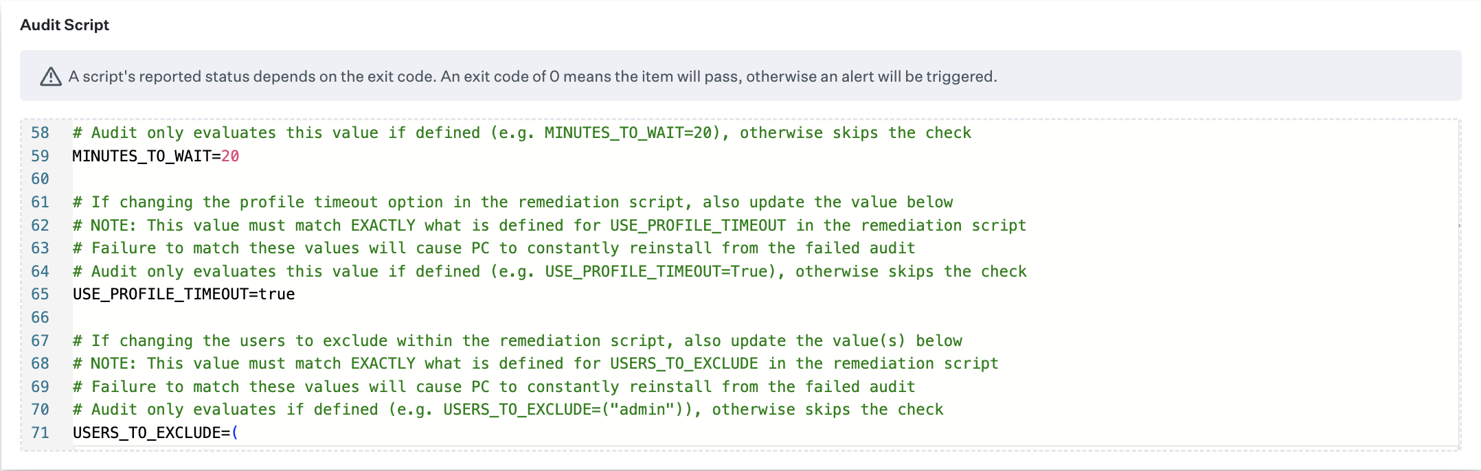 Custom Script audit script with USE_PROFILE_TIMEOUT and USERS_TO_EXCLUDE
