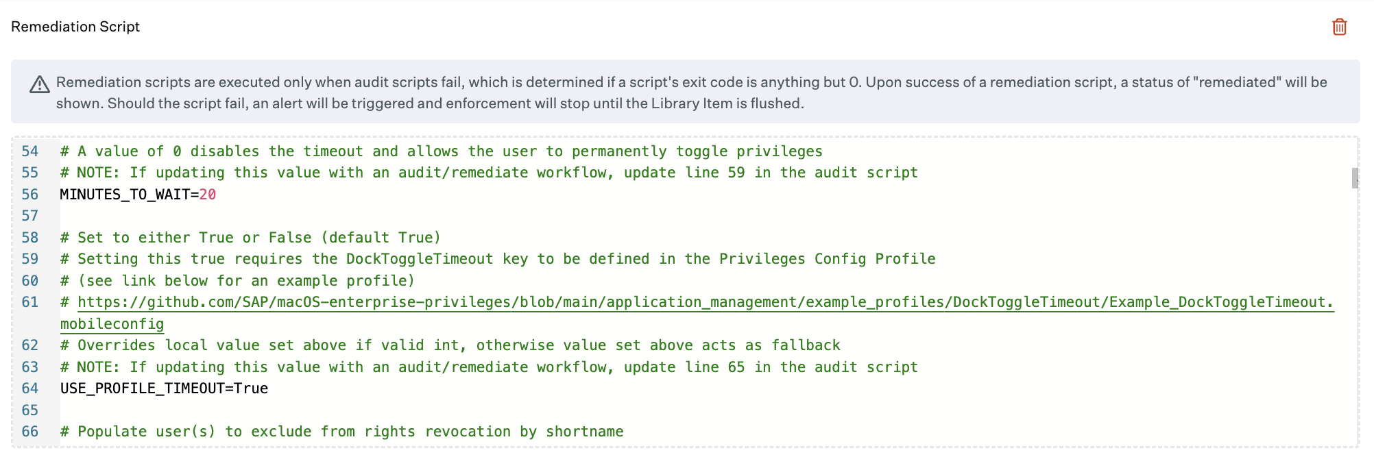 Custom Script remediation script with MINUTES_TO_WAIT and USE_PROFILE_TIMEOUT