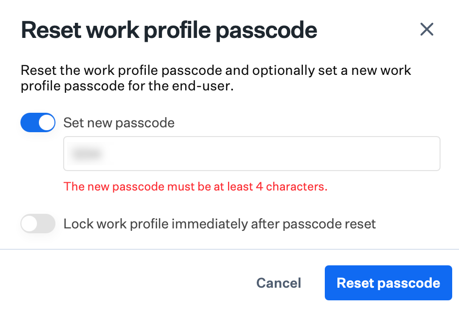 Reset work profile passcode modal with New passcode field