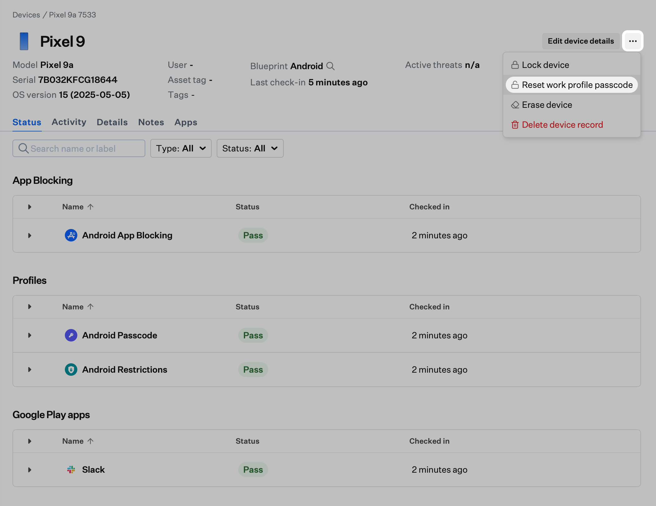 Device Action Menu with Reset work profile passcode option