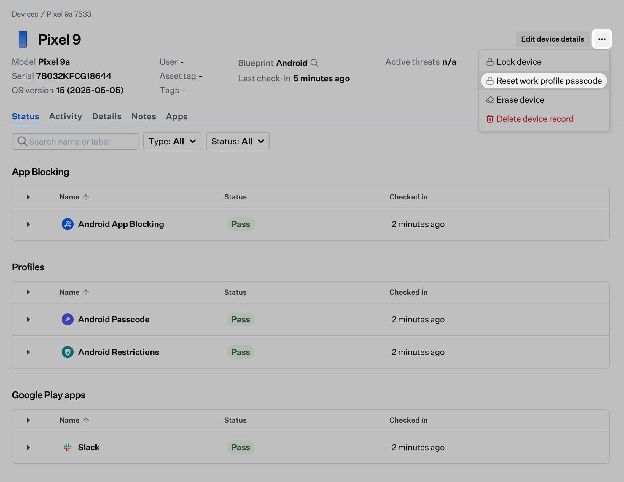 Device Action Menu with Reset work profile passcode option