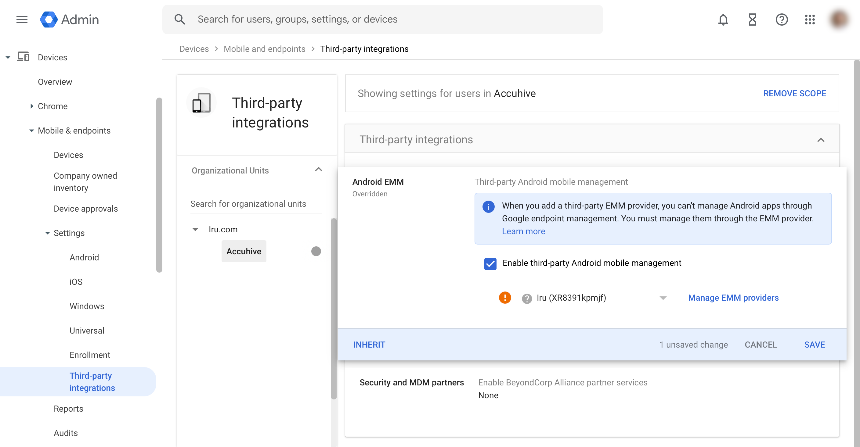 Selecting the EMM in Google Workspace that matches the Enterprise ID in Iru