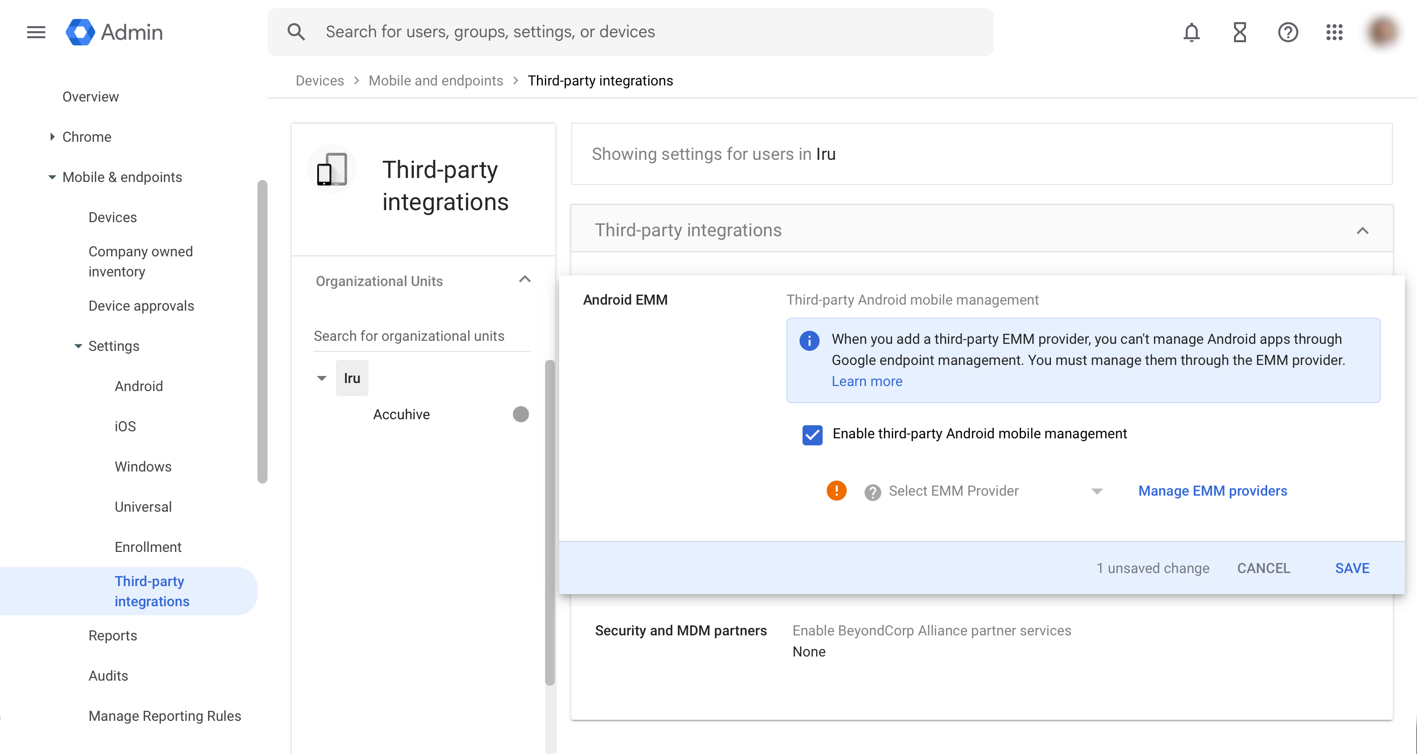 Third-party integrations in Google Workspace showing Android EMM and Enable third-party Android mobile management