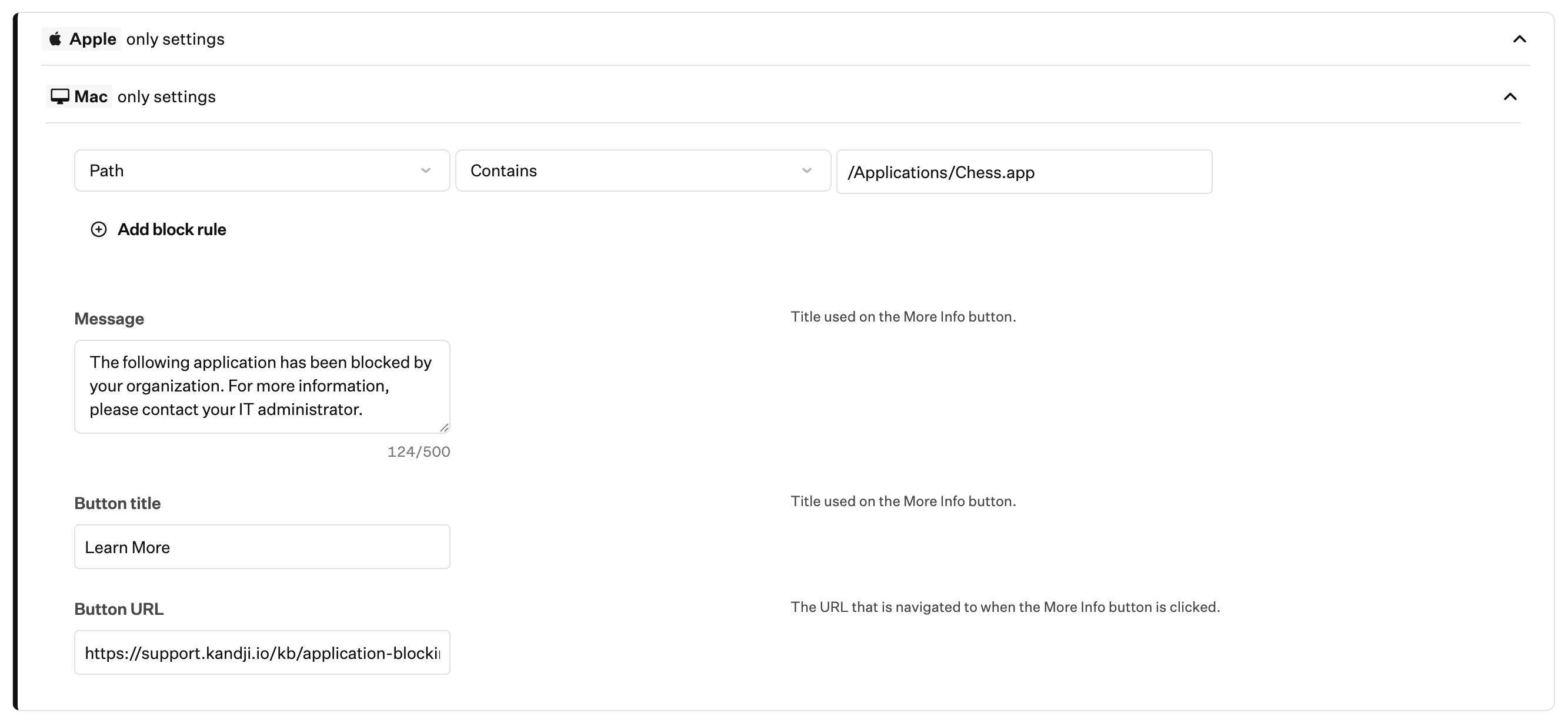 Iru Endpoint web application showing App Blocking Apple only settings with Mac only settings expanded, block rules, and notification fields