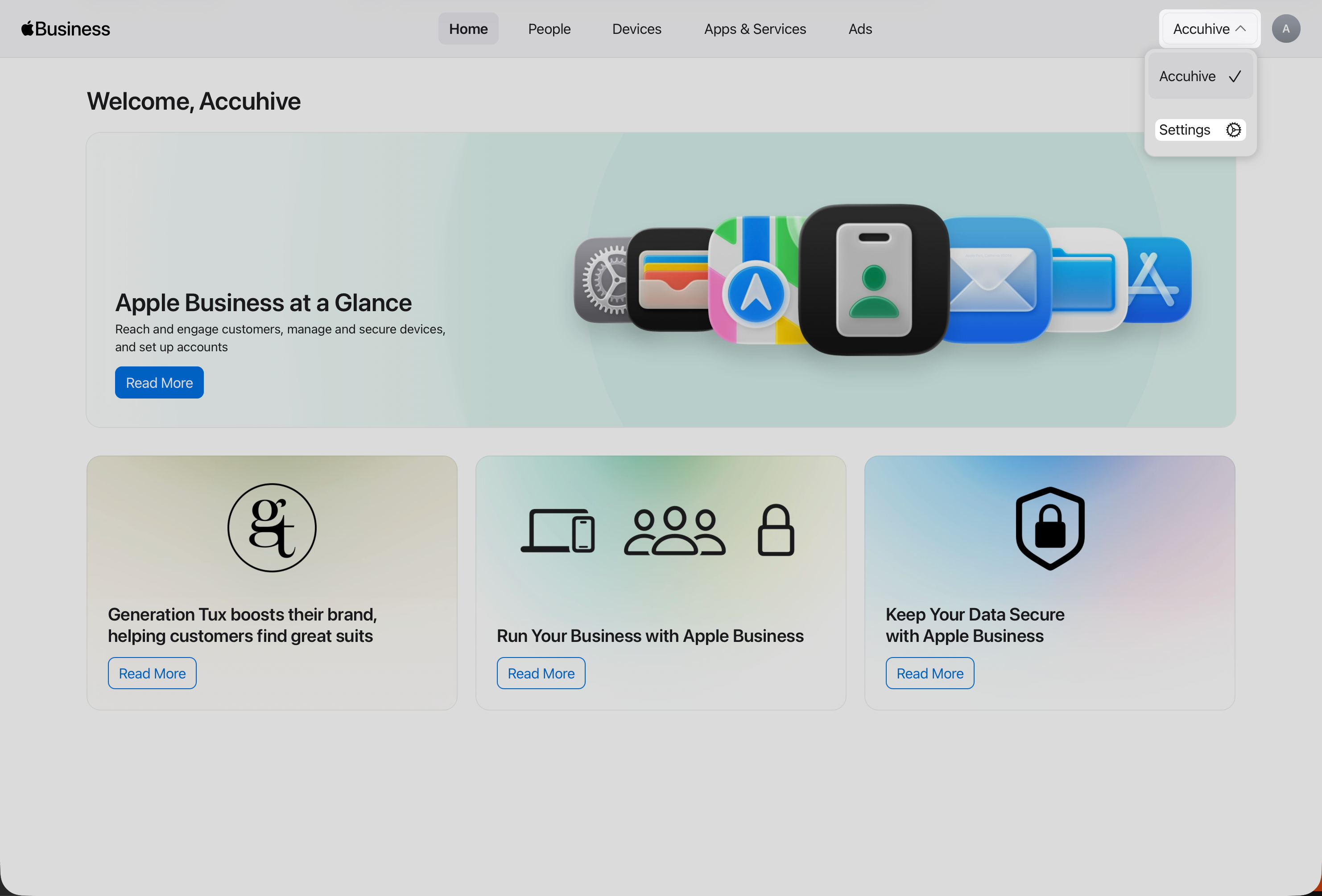 Apple Business or Apple School Manager with organization menu open and Settings option