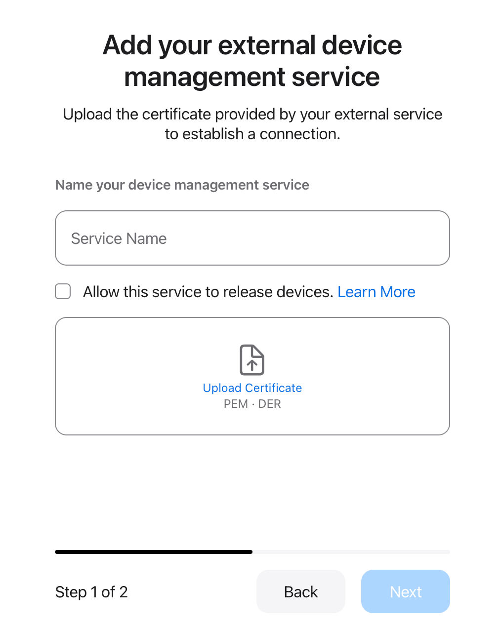 Add device management service form with Service Name, release devices option, and public key upload