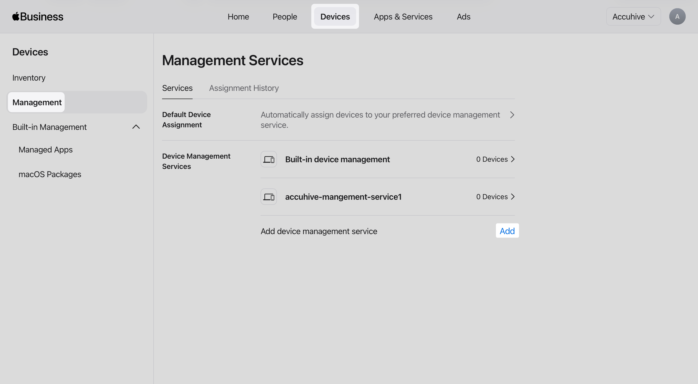 Apple Business or Apple School Manager Management Services list with Add device management service