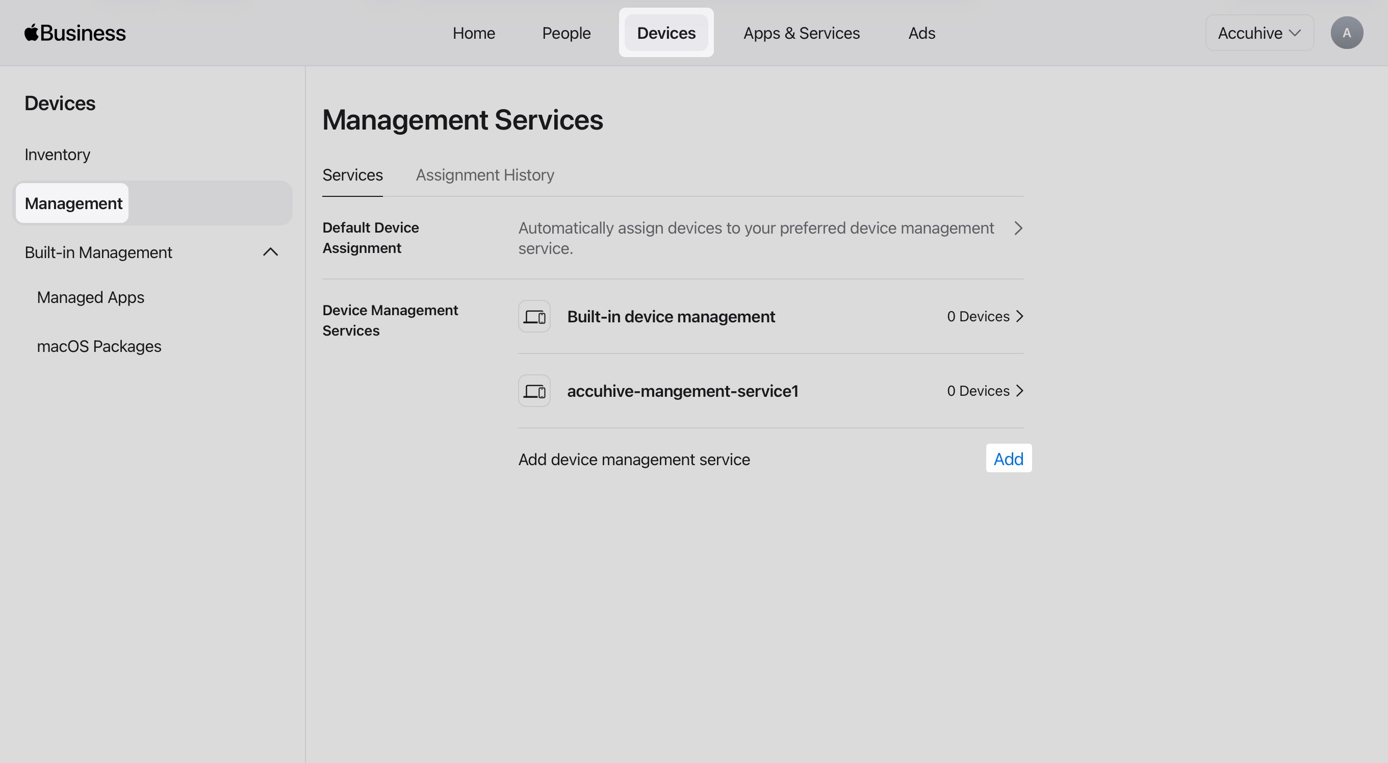 Apple Business or Apple School Manager Management Services list with Add device management service