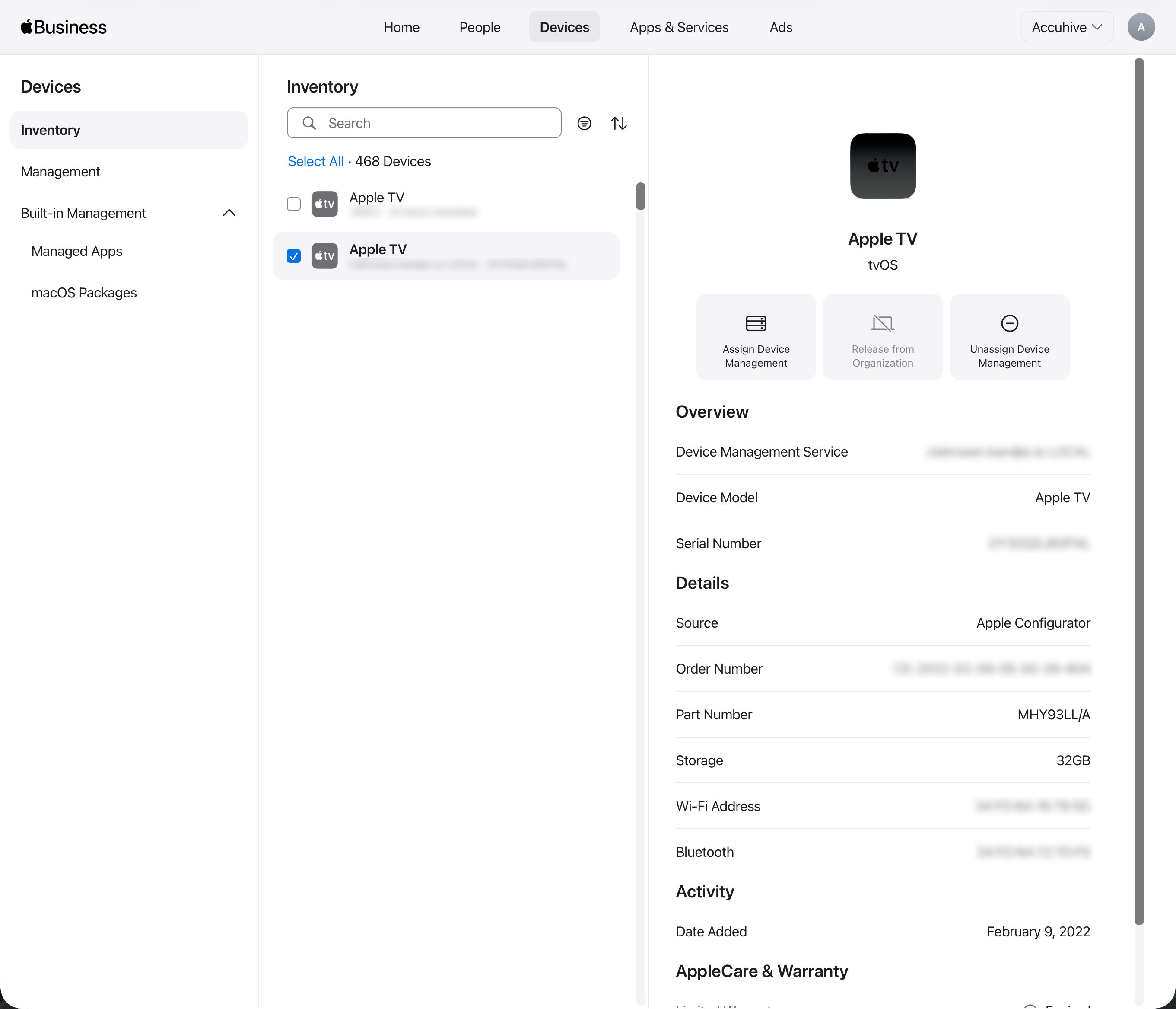 Apple Business or Apple School Manager Devices view with Devices selected, Your Devices, selected Apple TV, and Assign Device Management