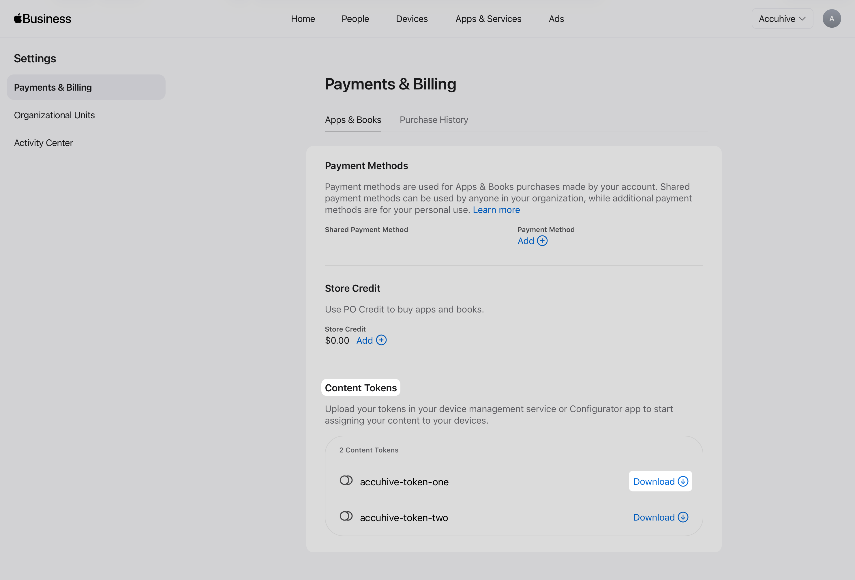 Apple Business or Apple School Manager Payments and Billing Apps and Books Content Tokens with Download