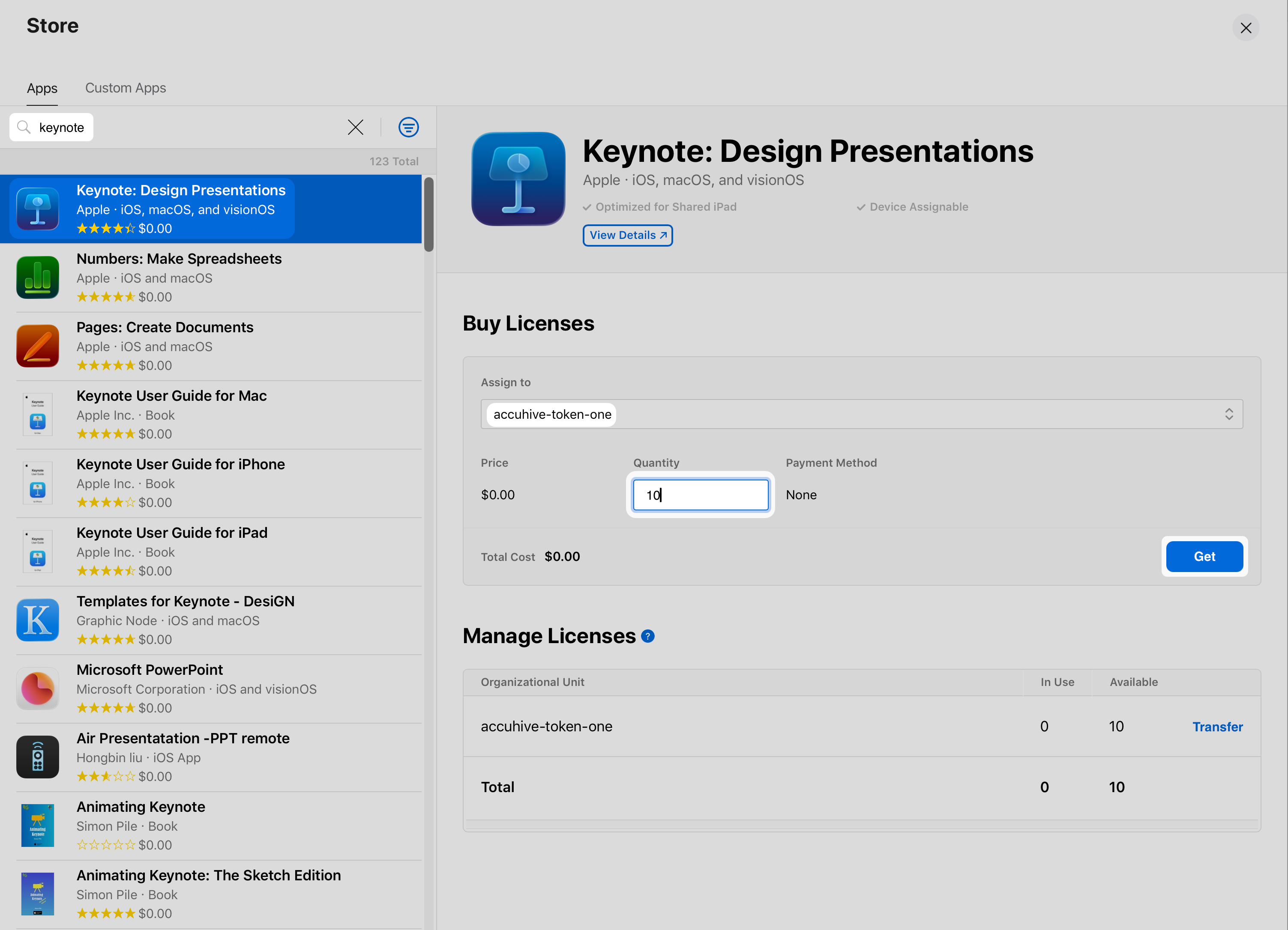 Apple Business App Store for organizations with search, token assignment, quantity, and Get