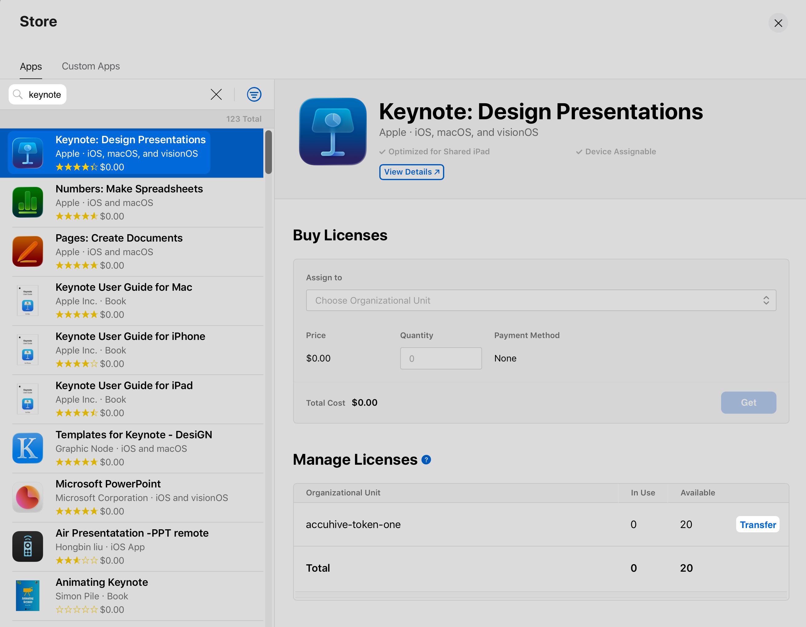 Apple Business or Apple School Manager app page with Manage licenses and Transfer for the organizational unit