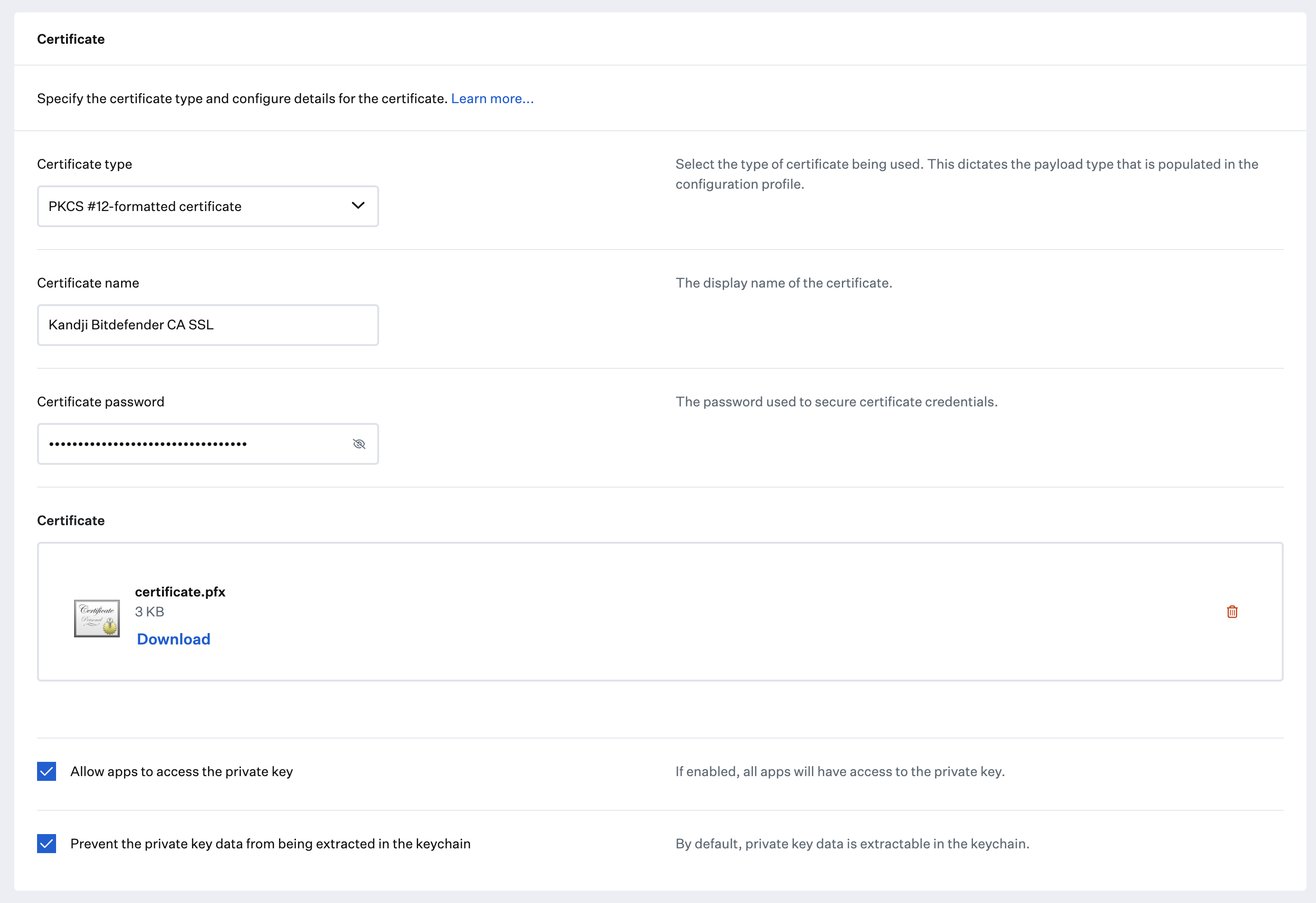Certificate Library Item with PKCS #12 certificate.pfx uploaded
