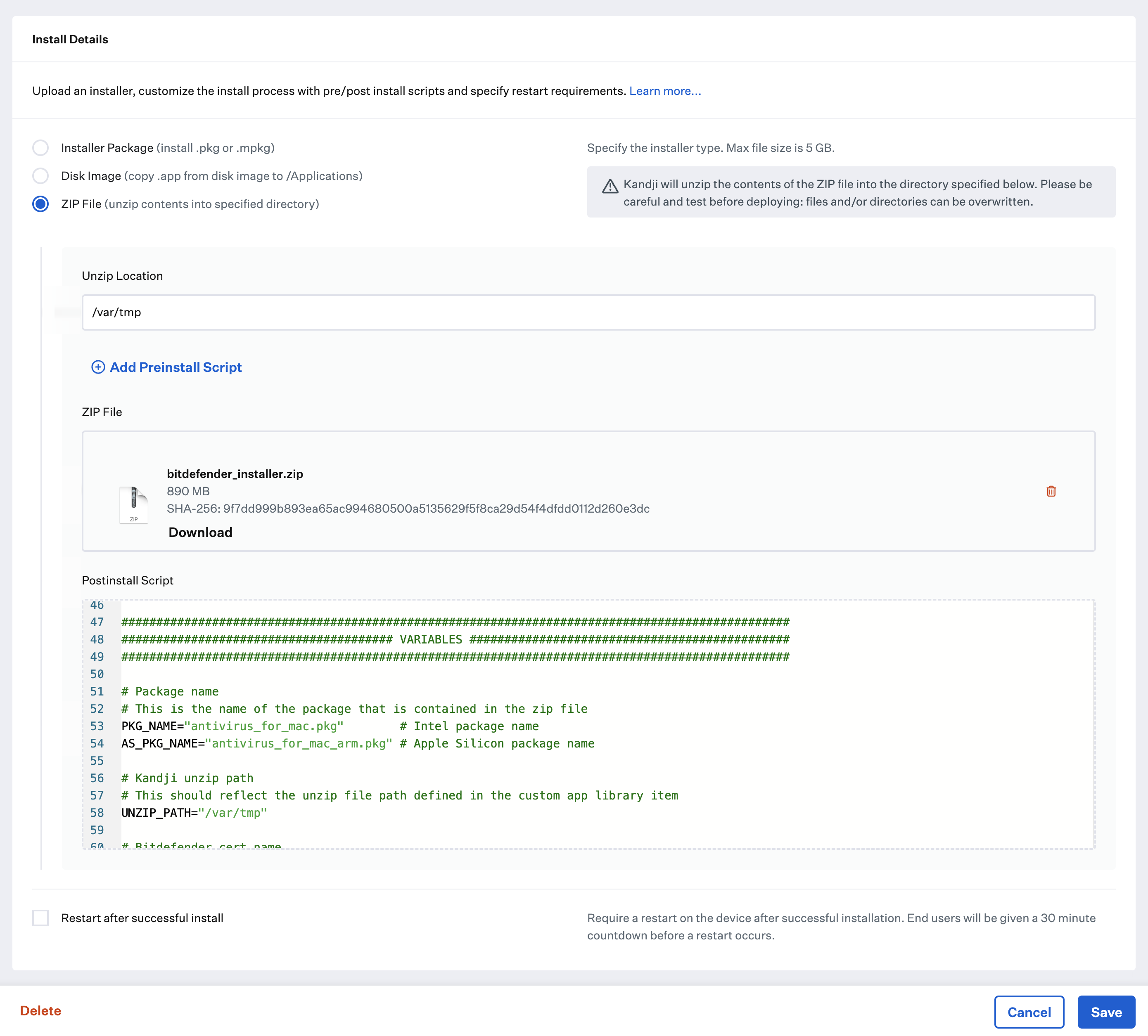 Custom App ZIP install with Bitdefender postinstall script
