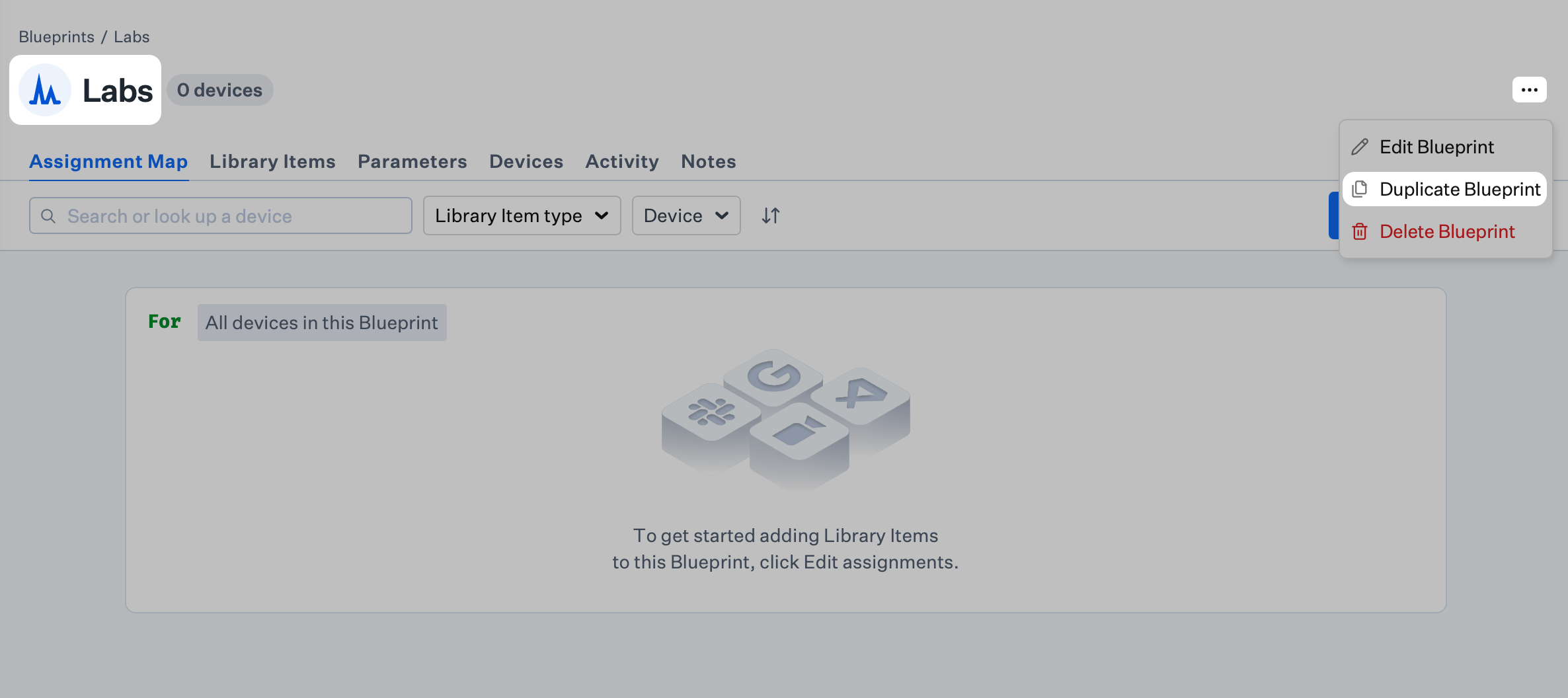 Blueprint page opened from a tile, with header ellipsis open and Duplicate Blueprint highlighted