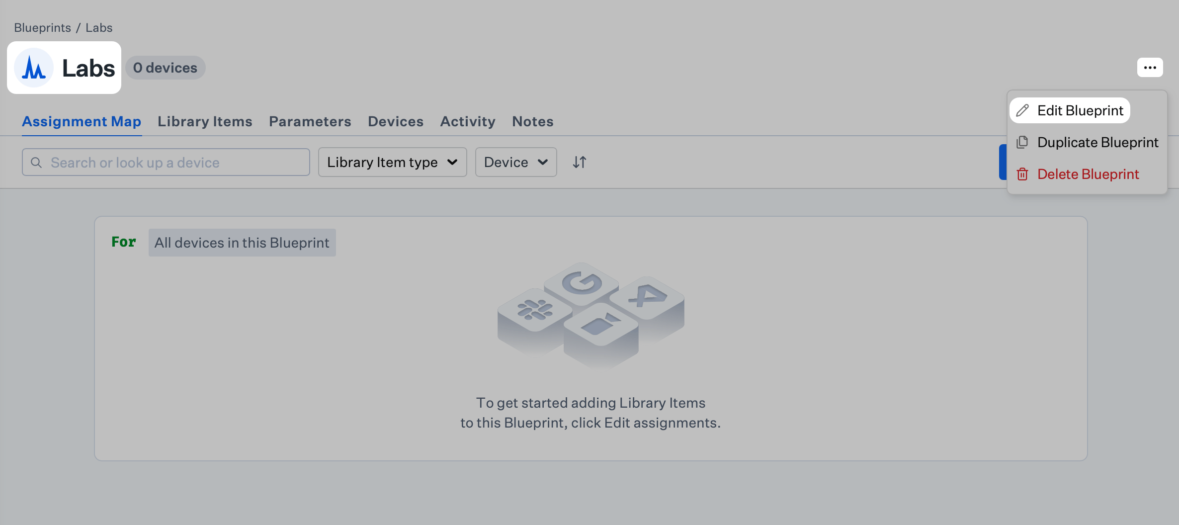 Blueprint page opened from a tile, with header ellipsis menu open