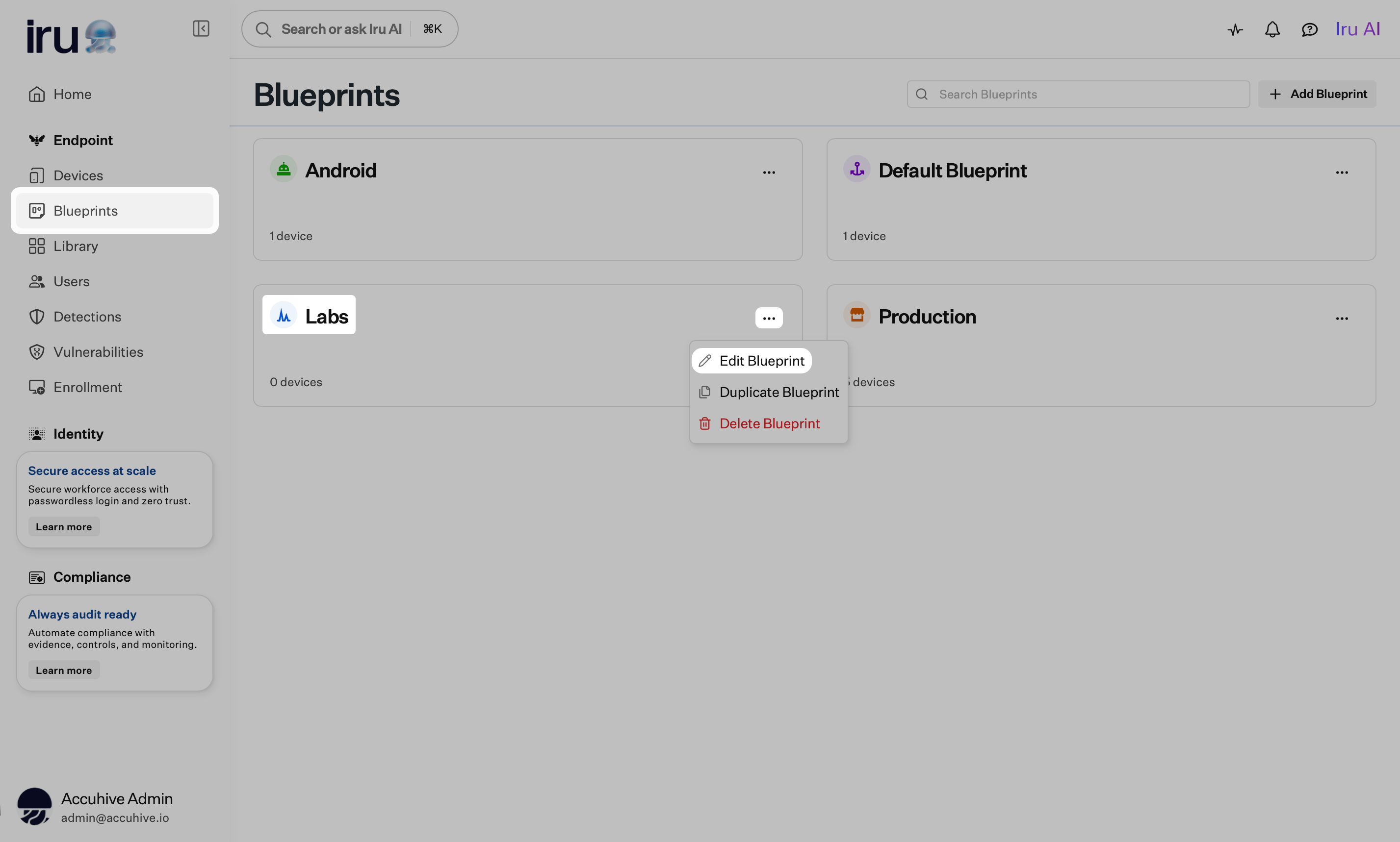 Blueprints page with a Blueprint tile ellipsis menu open