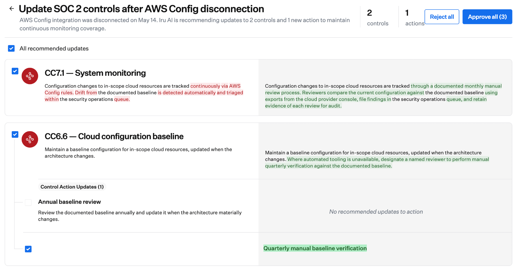 Control update review panel showing side-by-side diffs and Approve all and Reject all actions