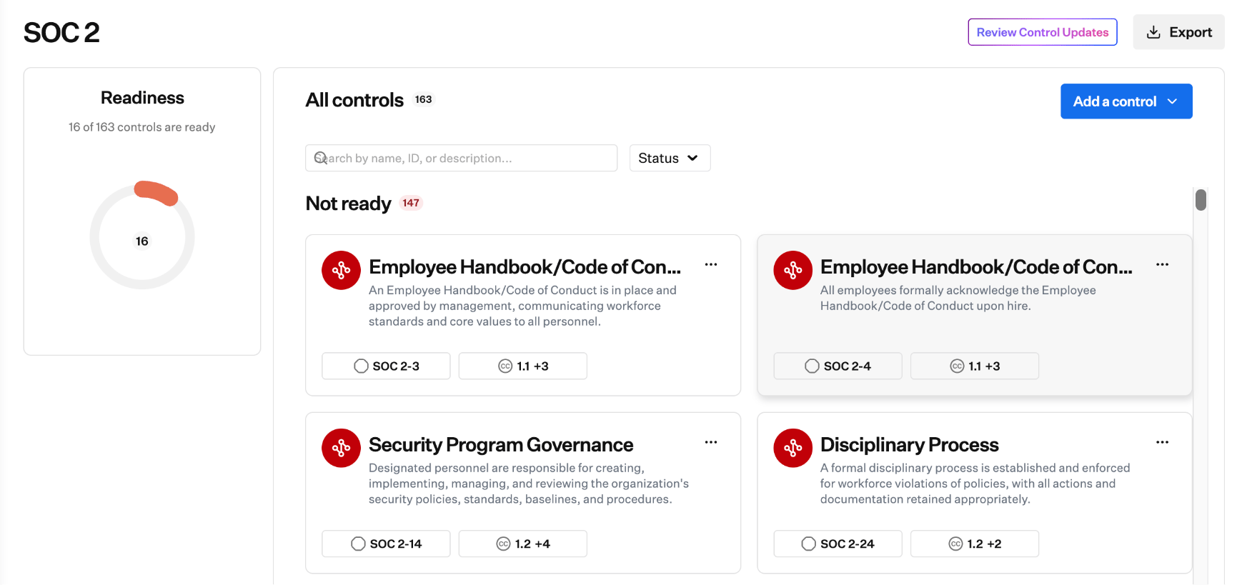SOC 2 framework detail showing readiness progress and controls with Review Control Updates