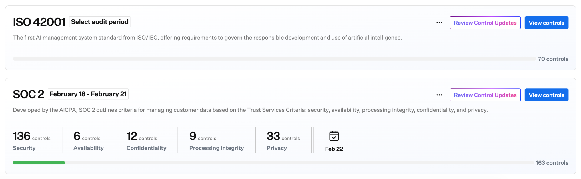 Frameworks page showing ISO 42001 and SOC 2 cards with Review Control Updates buttons