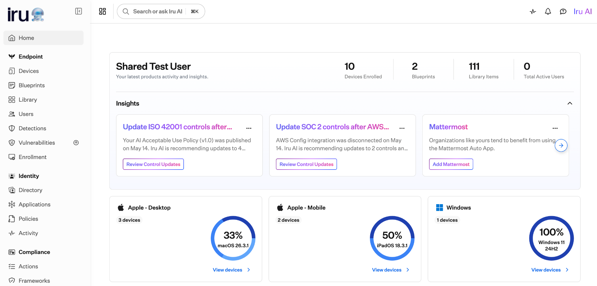 Home page Insights cards recommending framework control updates with Review Control Updates buttons