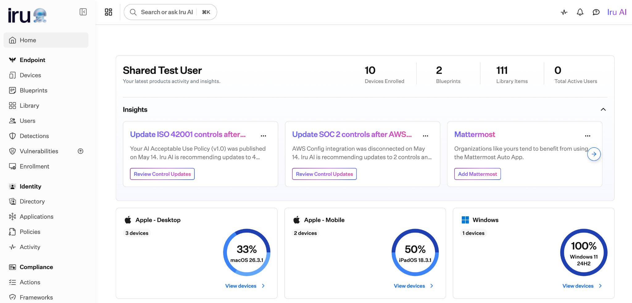 Home page Insights cards recommending framework control updates with Review Control Updates buttons
