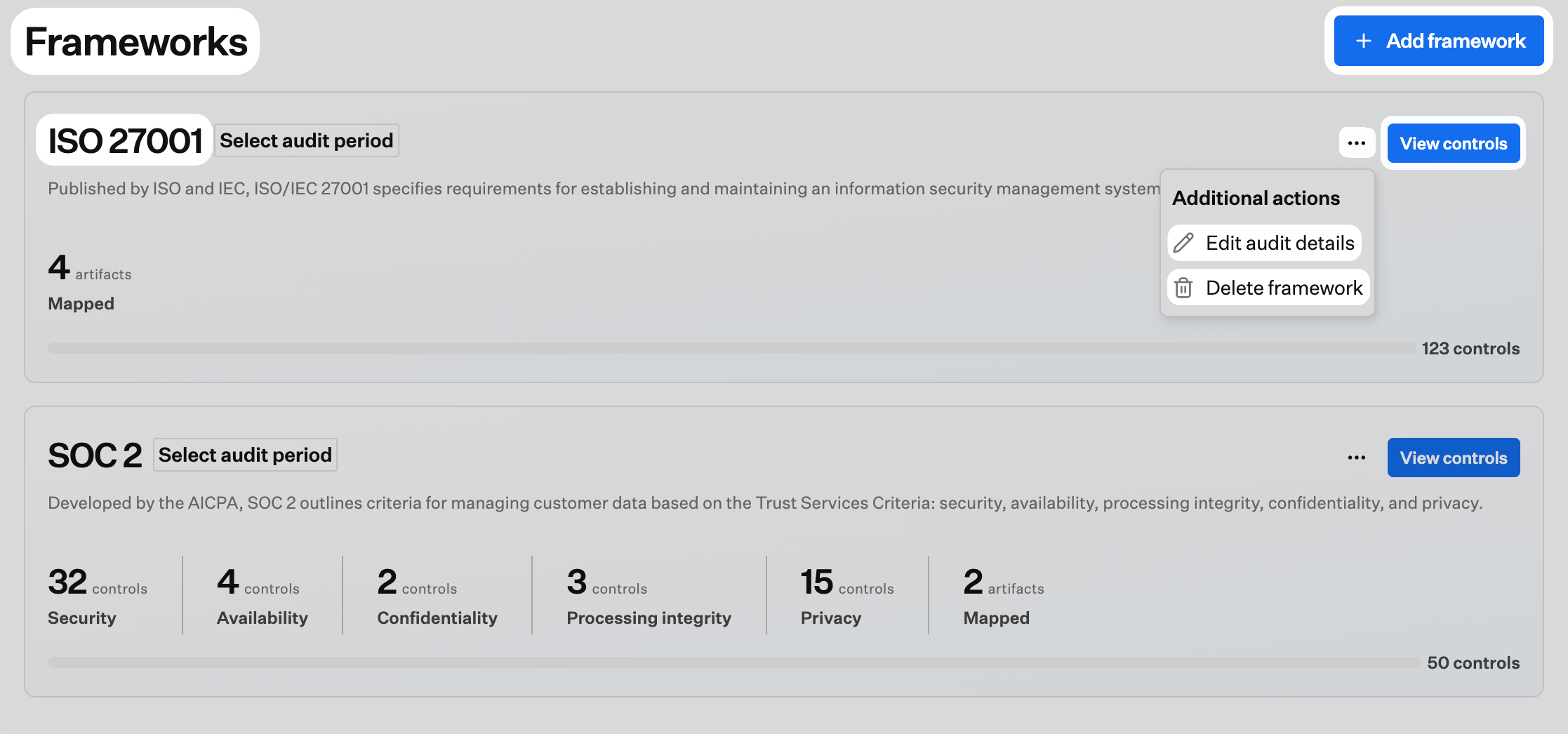 Frameworks page showing Add framework, framework cards, audit period, controls, and actions menu
