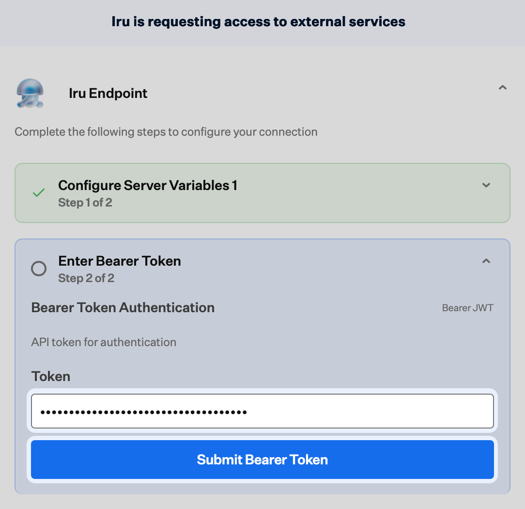 Connector wizard Enter Bearer Token and submit