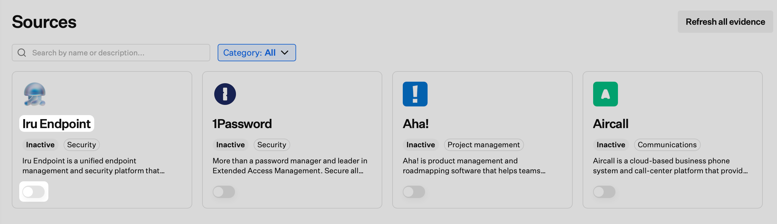 Sources list with Iru Endpoint card and enable toggle