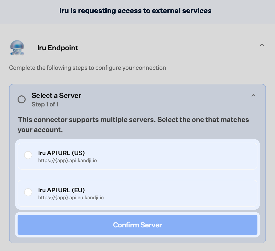 Connector wizard select Iru API URL US or EU server