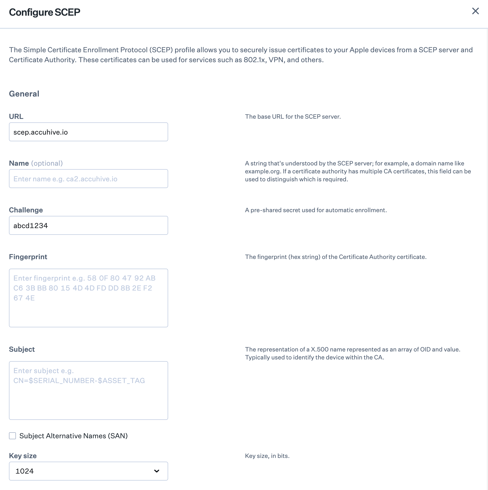 SCEP Certificate details configuration interface