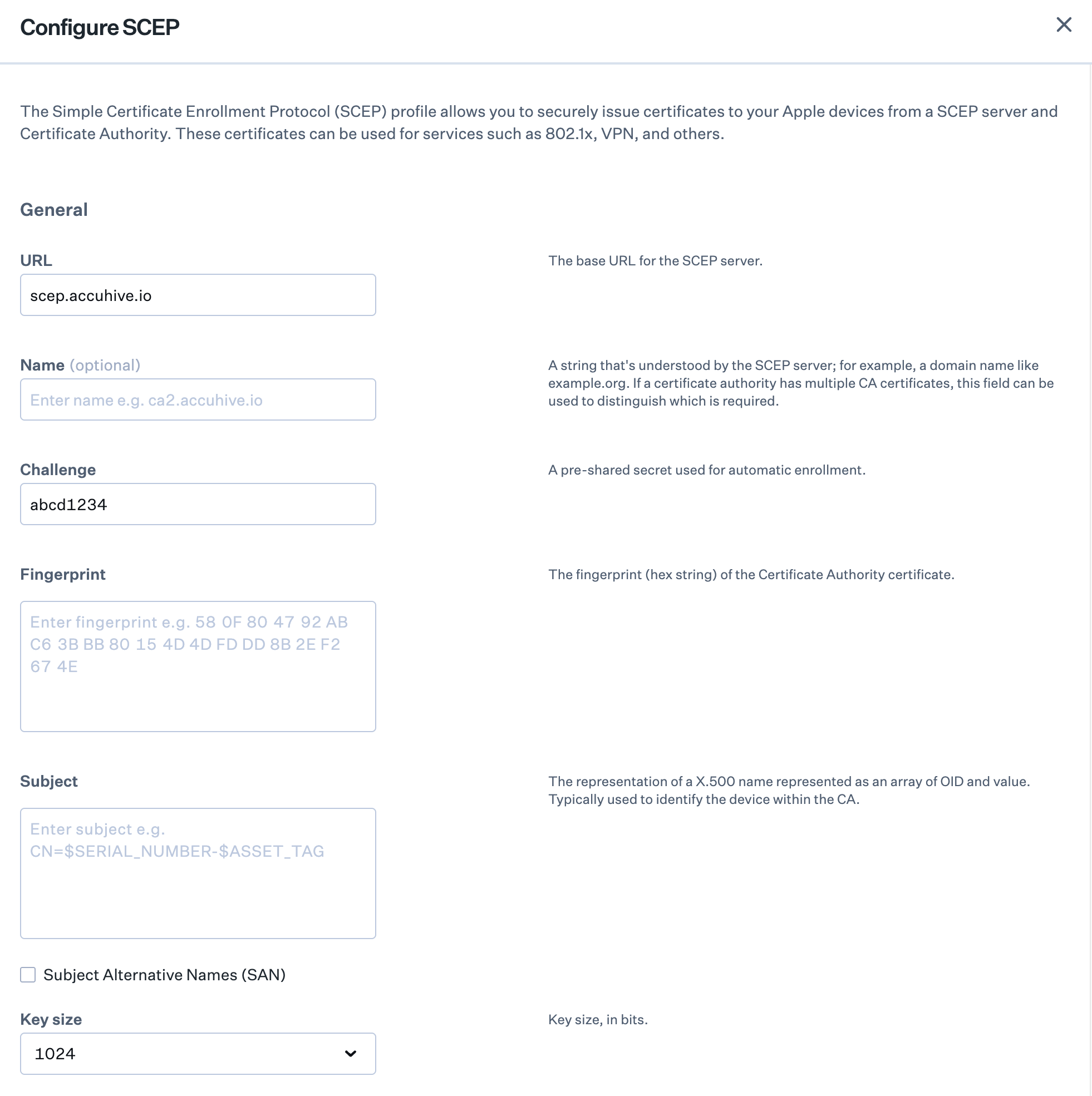 SCEP Certificate details configuration interface